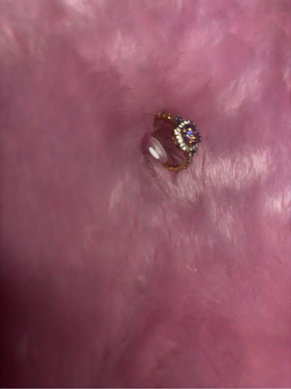 Gold Ring with Pink Center Stone and Halo Accent